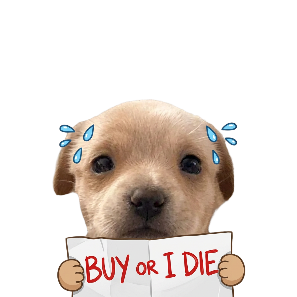 Willy holding a sign that reads Buy Or I Die